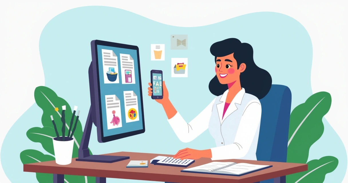 Vendedora atualizando diferentes catálogos digitais no computador e celular 