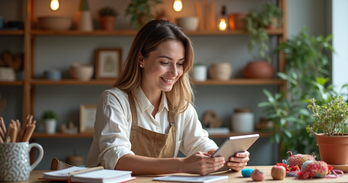 Vendedora atualizando loja virtual com tablet e fotos de produtos 