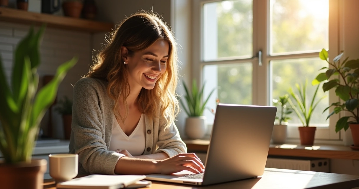 Mulher sorrindo diante de laptop e caderno 