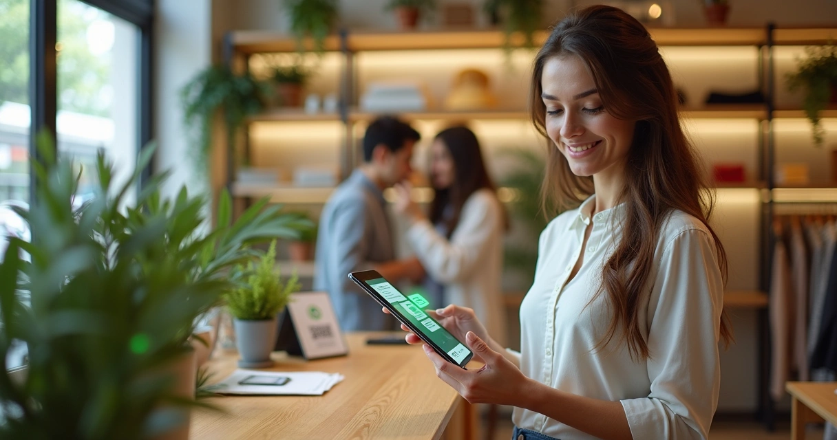 Atendente em loja física usa tablet com conversas automáticas do WhatsApp ao lado de clientes 