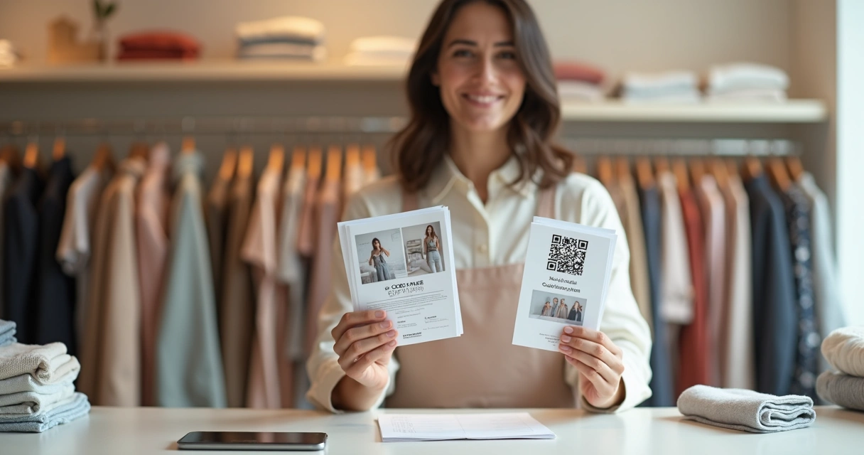 Vendedora com material impresso e QR Code da loja 