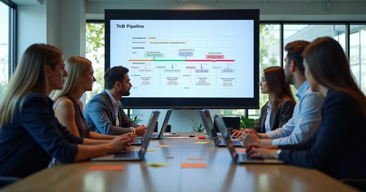 Profissionais B2B analisando pipeline de vendas em tela 