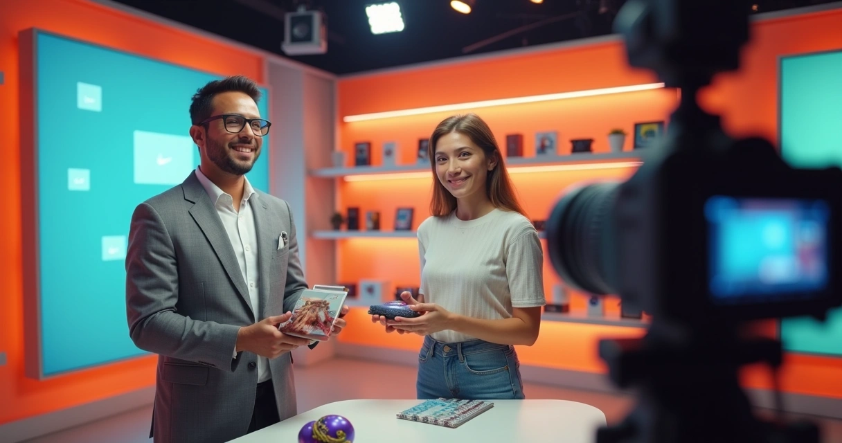 Dois apresentadores mostrando produtos em uma live, com muitos comentários na tela. 