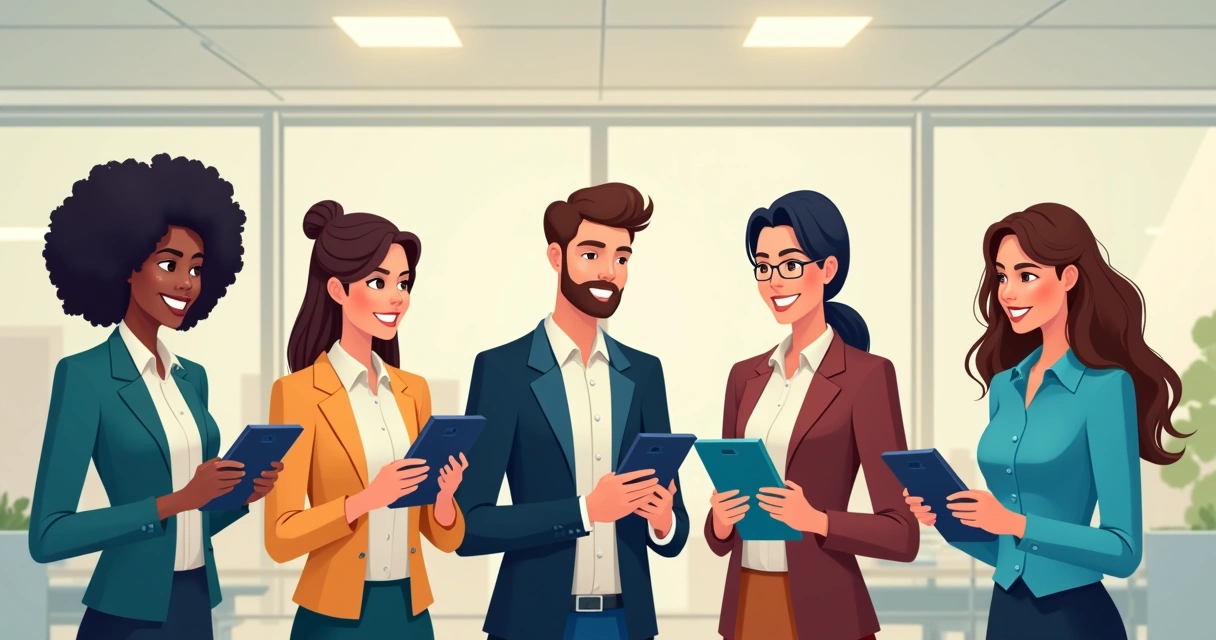Equipe de vendas compartilhando catálogo digital em diferentes dispositivos