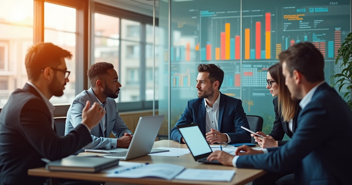 Profissionais discutindo estratégias de vendas em escritório moderno com gráficos e anotações 