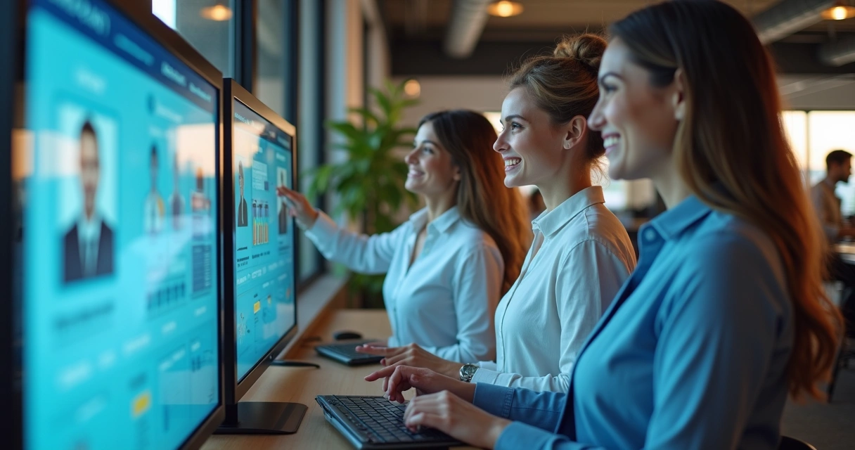 Equipe de vendas e clientes interagem felizes em ambiente com telas digitais inteligentes 