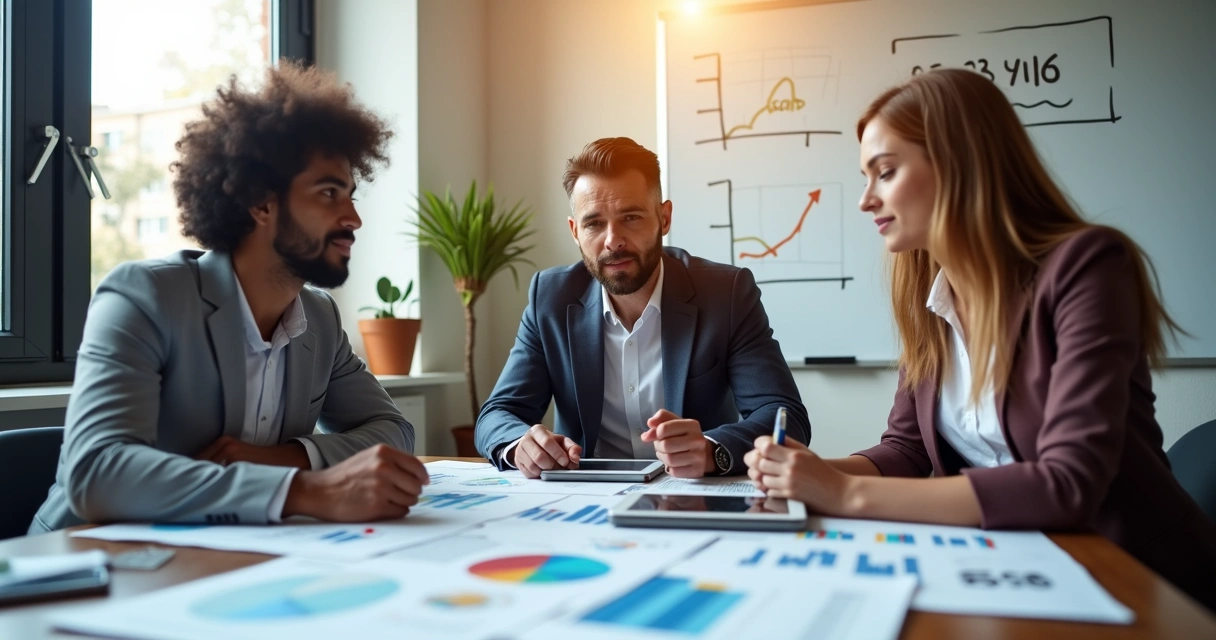 Vendedores reunidos analisando dados e gráficos em reunião 
