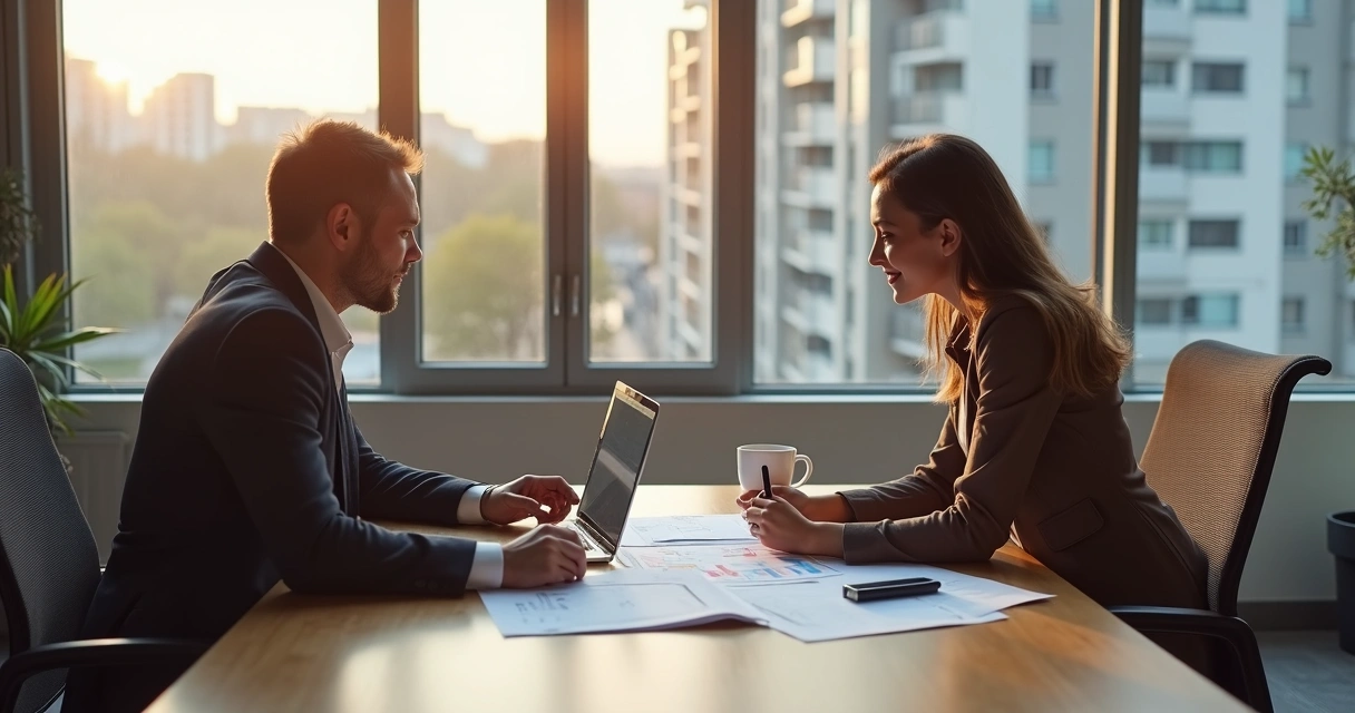 Dois vendedores sentados juntos em uma mesa de escritório, analisando documentos de vendas lado a lado 