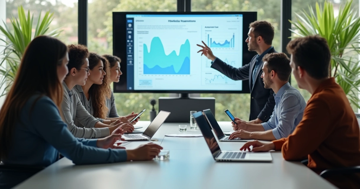 Equipe de vendas reunida usando ferramentas digitais em uma sala de reunião 