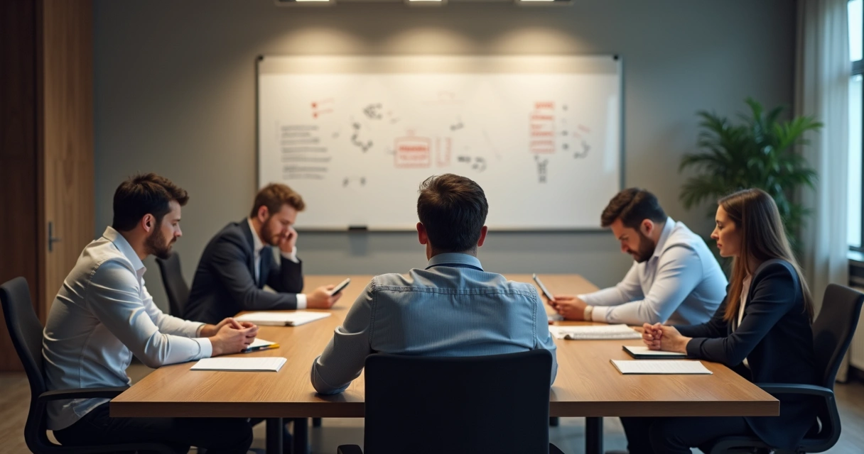 Vendedores cansados em reunião longa olhando celulares 