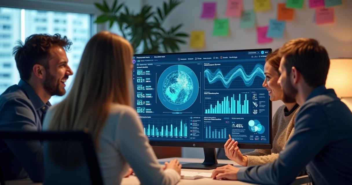 Equipe de vendas reunida ao redor de computador com IA mostrando recomendações 