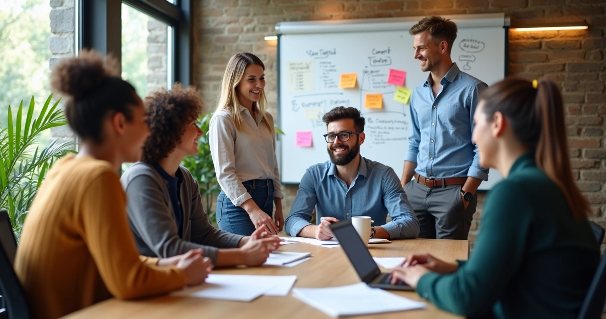 Vendedores e marketing alinhados em reunião informal 