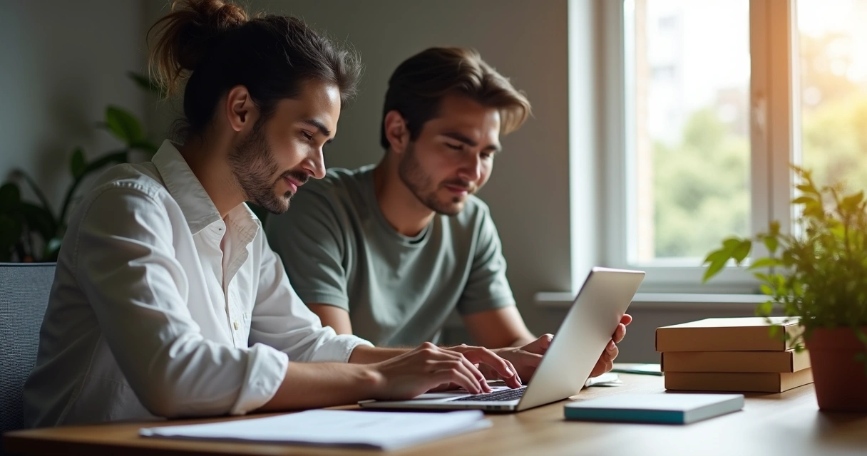 Duas pessoas analisando produtos em tablet em ambiente de trabalho moderno 
