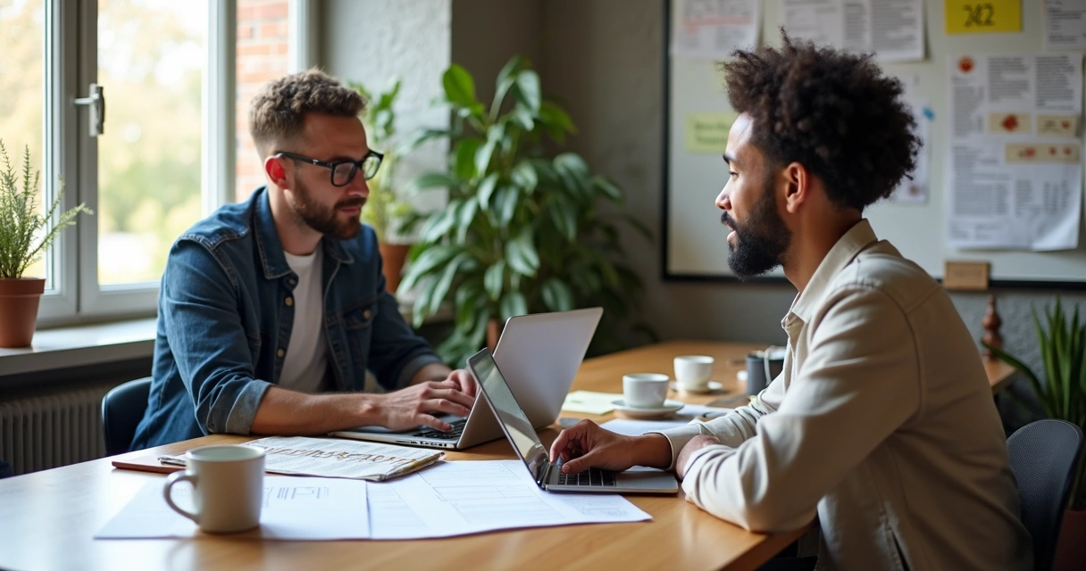 Dois vendedores usando notebook para cadastrar produtos em marketplace