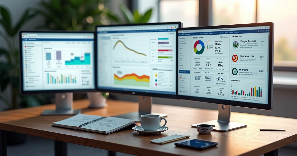 Mesa moderna com várias telas de computador mostrando dados de vendas e gráficos de marketplaces digitais