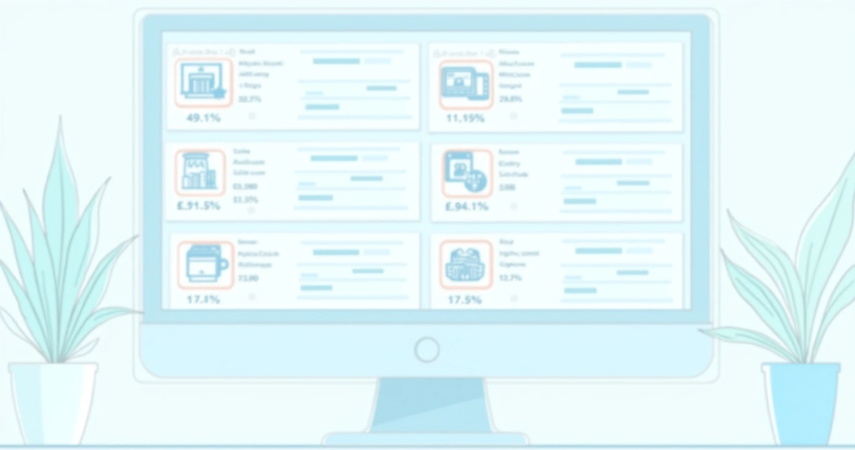 Plataforma digital exibindo múltiplos anúncios de catálogo no Mercado Livre com indicadores de vendas e concorrência 