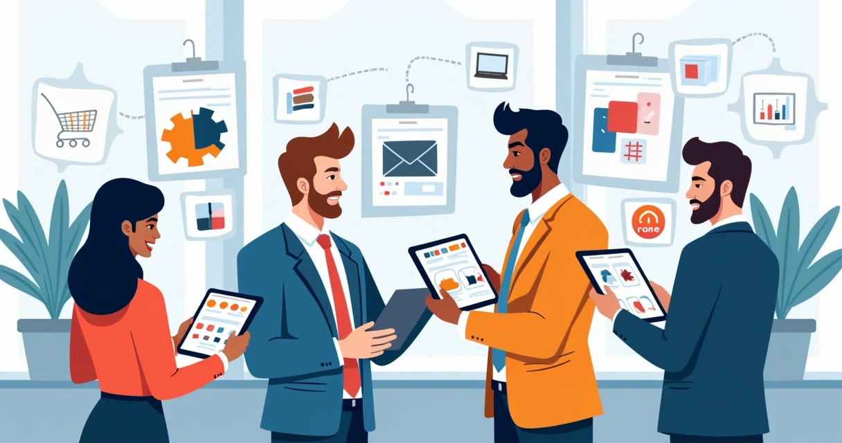 Vendedores analisando catálogo digital de produtos em tablets