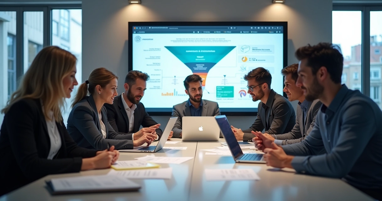 Equipe de vendas reunida em uma sala, discutindo contratos digitais em laptops e tablets.