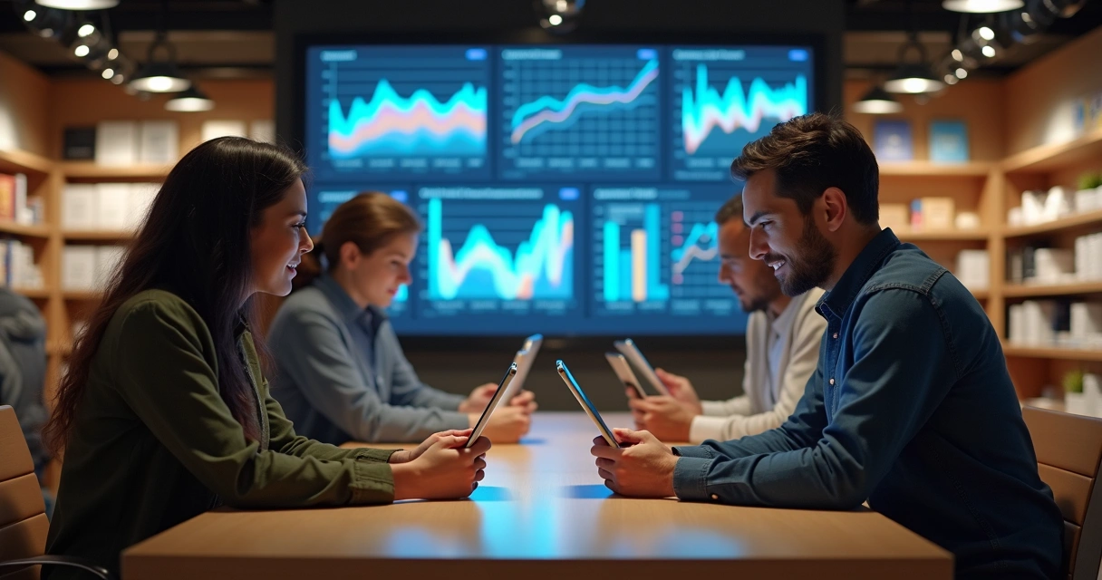 Equipe de vendas analisando gráficos em tablets na loja 