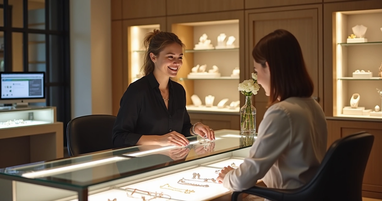 Vendedor apresentando joia a cliente numa joalheria moderna 