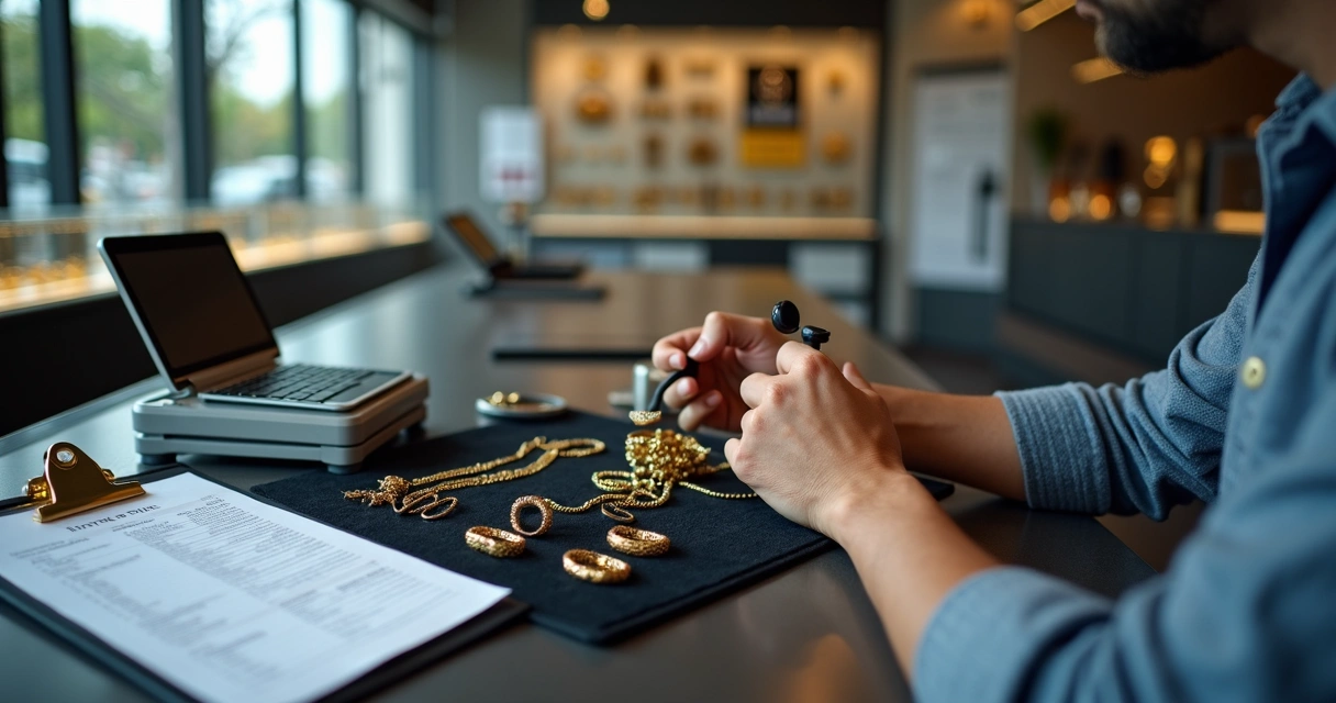 Pessoa avaliando joias de ouro com lupa em balcão de loja segura 