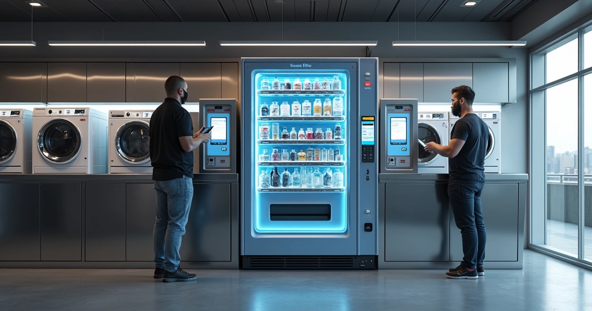 Vending machine inovadora em lavanderia, painel touch e pagamento digital 