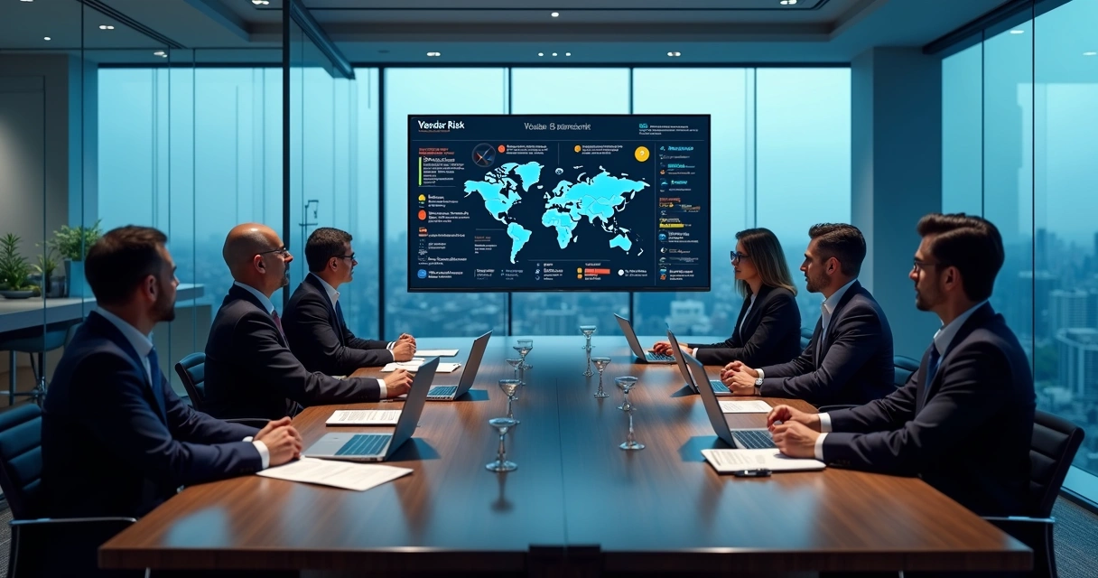 Executives reviewing vendor risk dashboard in a conference room 