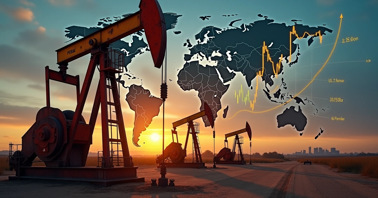Oil pumps in Venezuela with world map and price charts in the background 