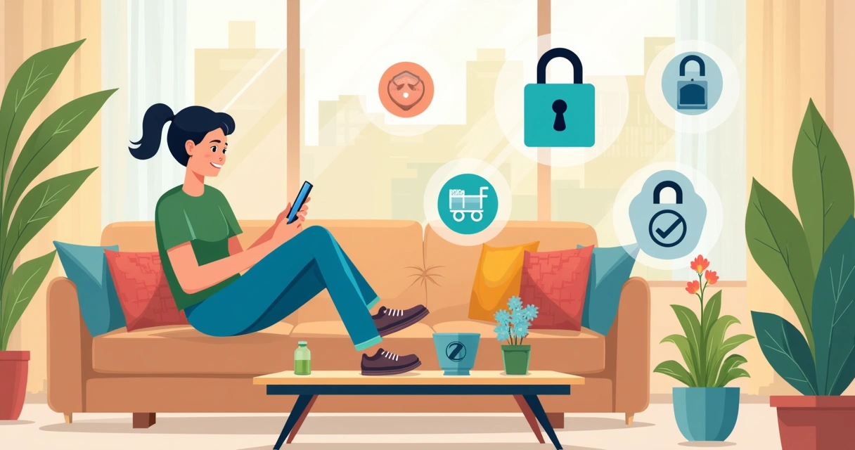 Ilustración de una persona usando un smartphone en una sala moderna para realizar un pago, con elementos de seguridad.