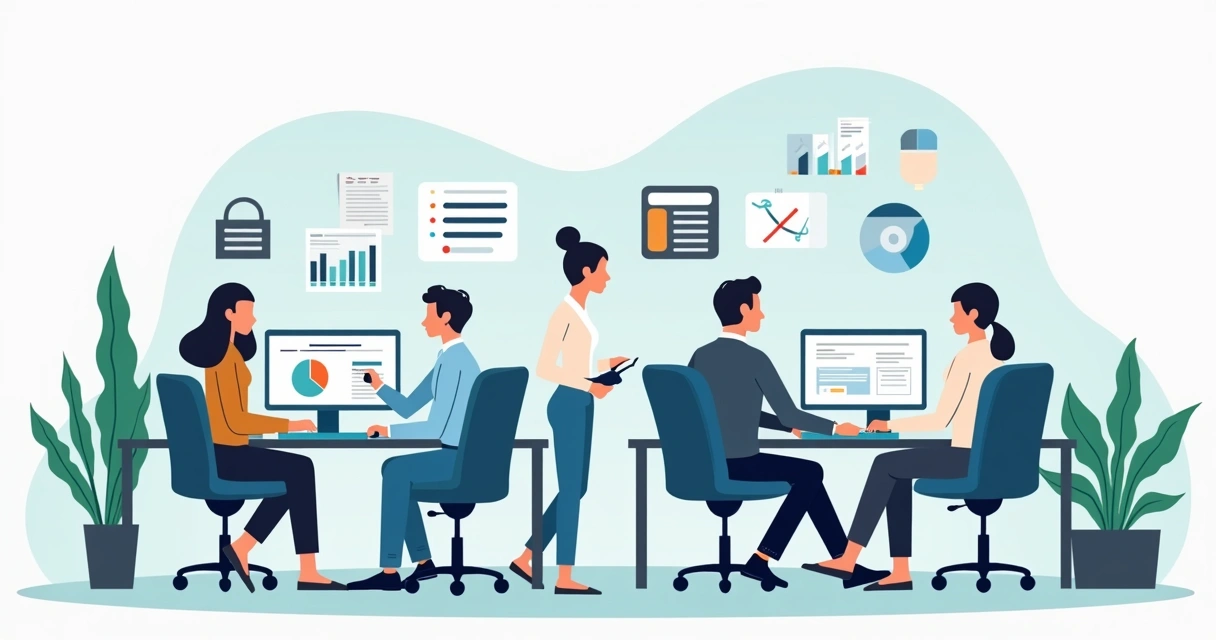 Oficina mostrando consultores manejando nóminas y empleados satisfechos