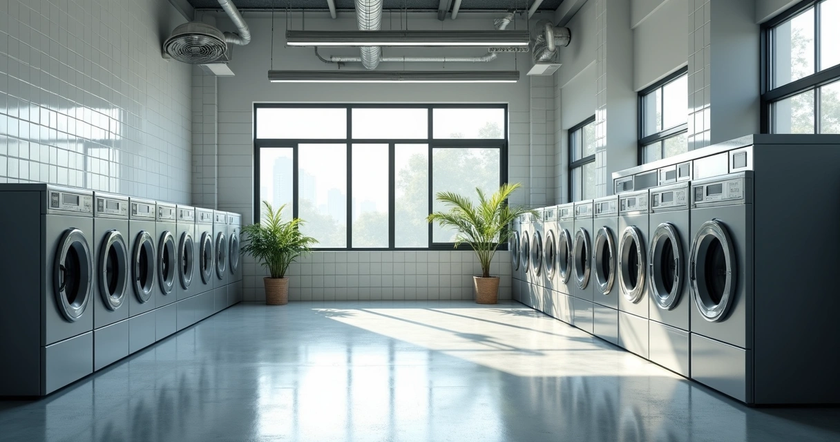Área de lavanderia bem ventilada com máquinas industriais