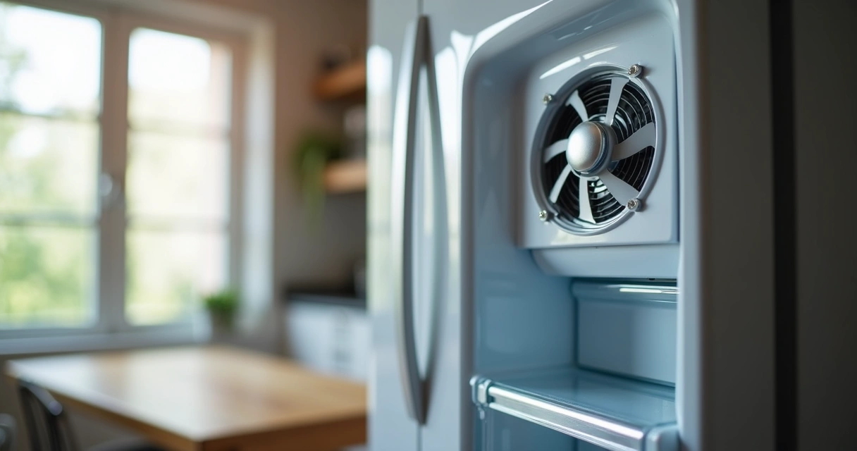 Ventilador de geladeira com peças internas expostas 