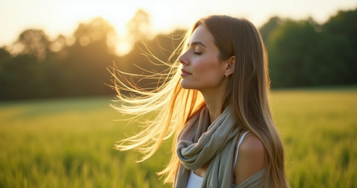 Pessoa de olhos fechados sentindo a brisa na natureza