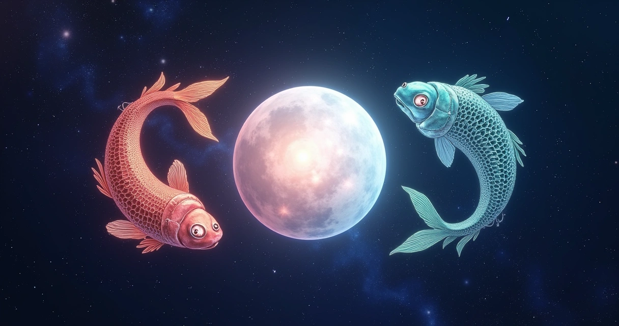 Ilustração de Vênus entre os signos de Áries e Peixes em fundo estrelado. 