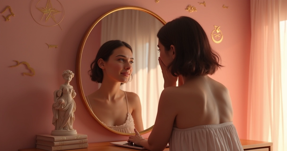 Pessoa olhando para o próprio reflexo em espelho, rodeada por luz suave cor-de-rosa. 