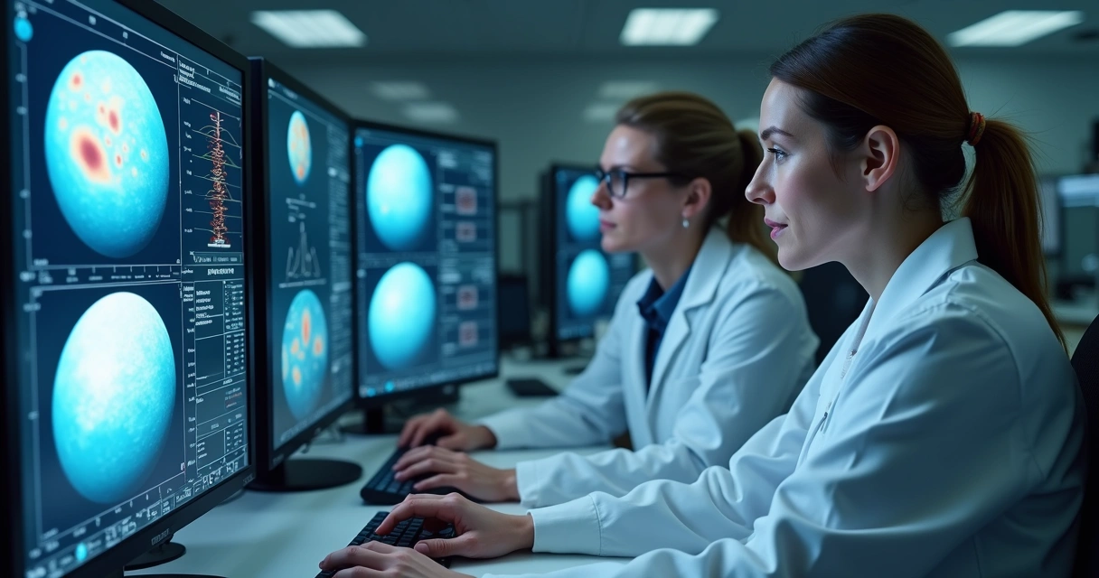 Cientistas analisando dados de Vênus em laboratório 