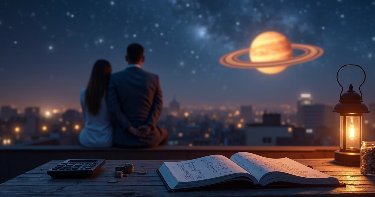 Vênus retrógrada em 2026 simbolizada por céu noturno com casal e símbolos de dinheiro 