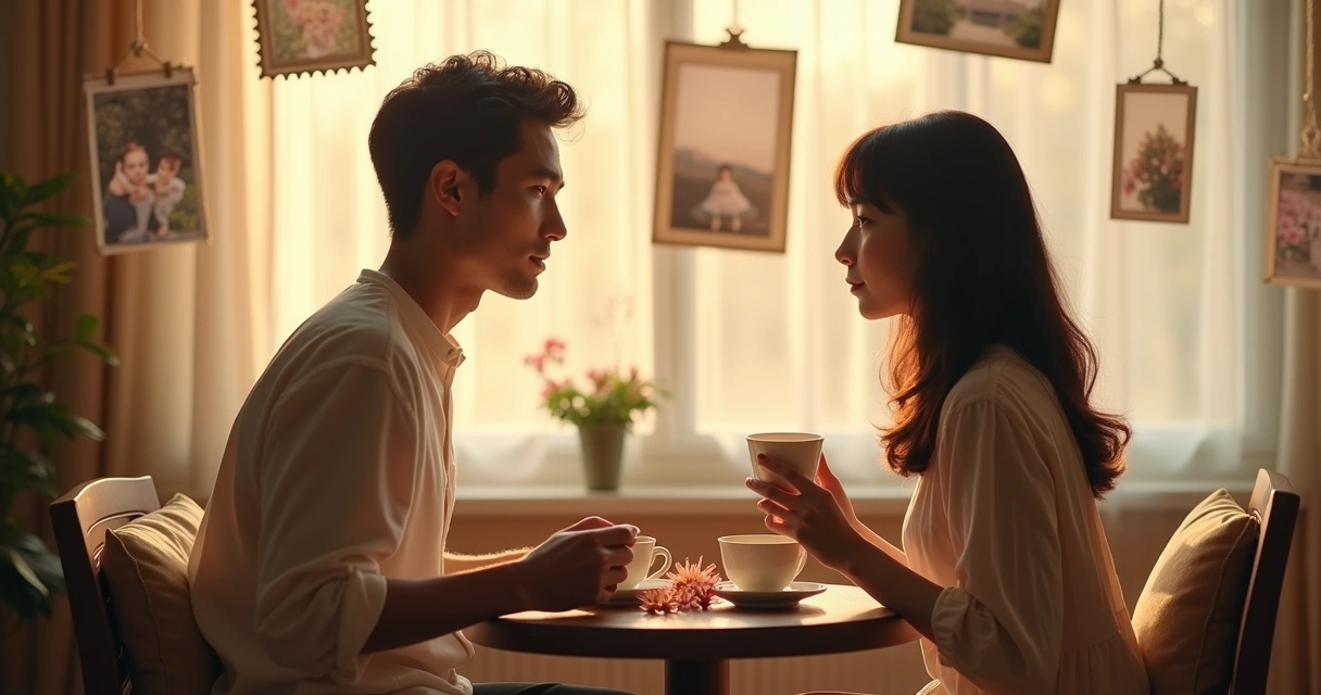 Casal com expressão de dúvida, separados por memórias emolduradas ao fundo. 