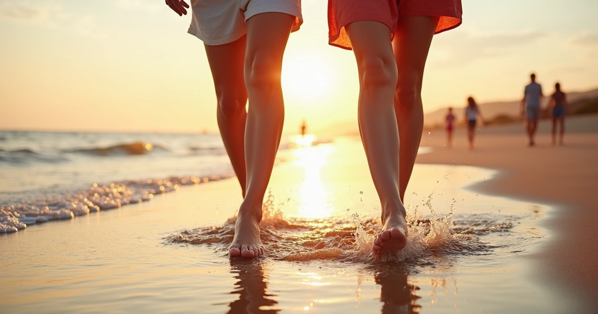 Casal caminhando na beira da praia ao pôr do sol focando em pernas saudáveis 