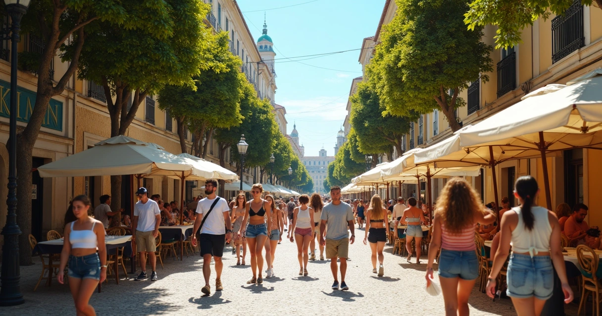 Turistas do norte da Europa buscando sombra durante onda de calor em Lisboa 