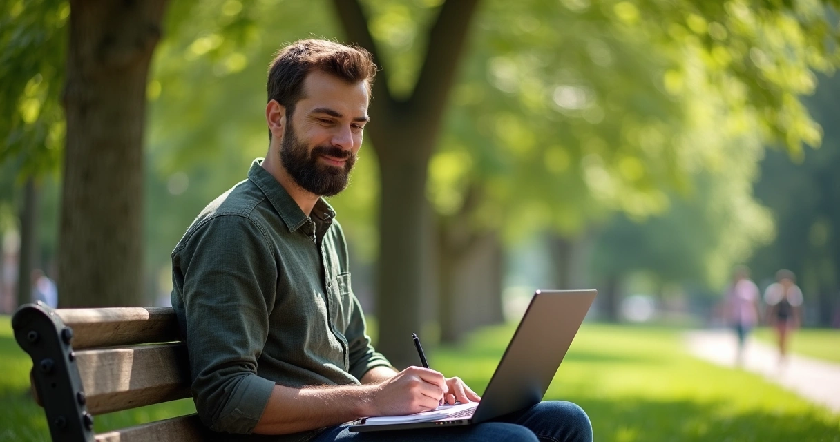 Freelancer sentado em parque trabalhando com caderno e caneta 
