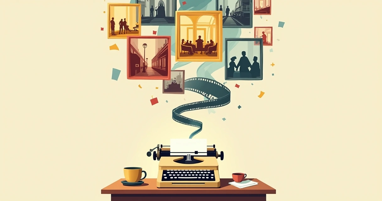 Máquina de escrever antiga conectada a cenas de filmes clássicos 