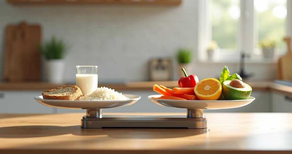 Balança de cozinha equilibrando alimentos associados a mitos e verdades sobre dieta 