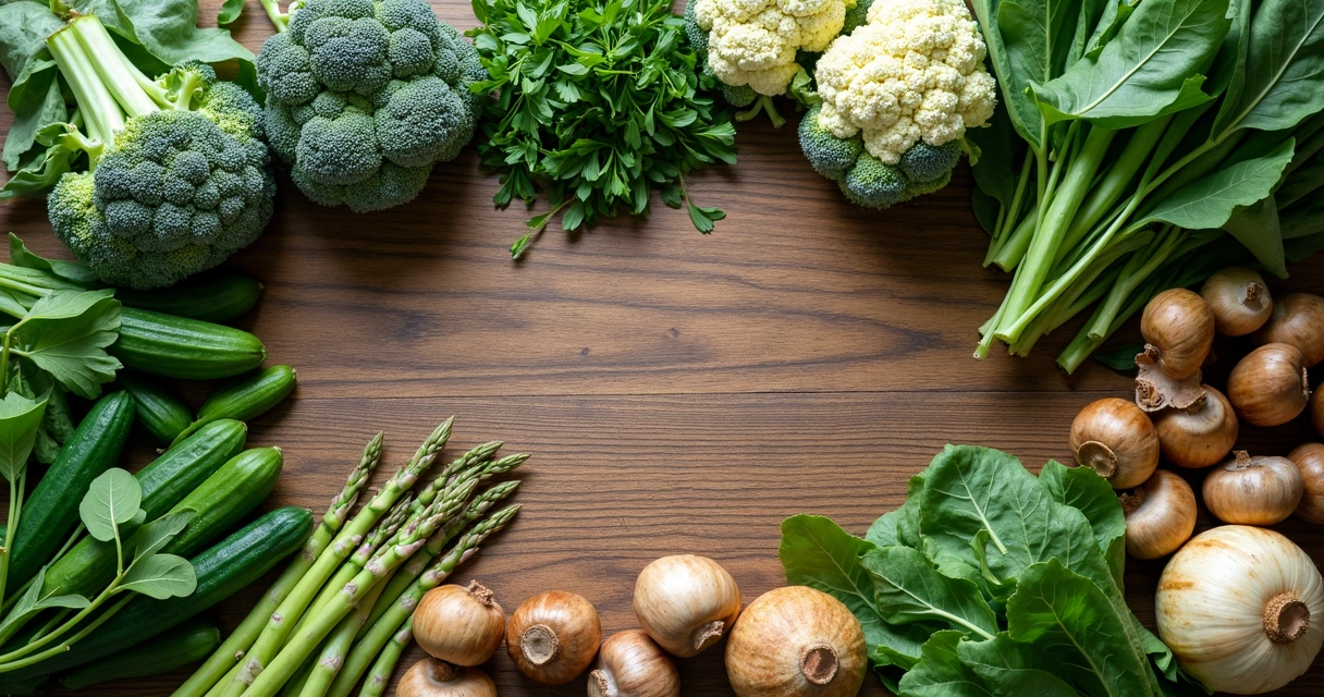Verduras bajas en carbohidratos dispuestas sobre una mesa