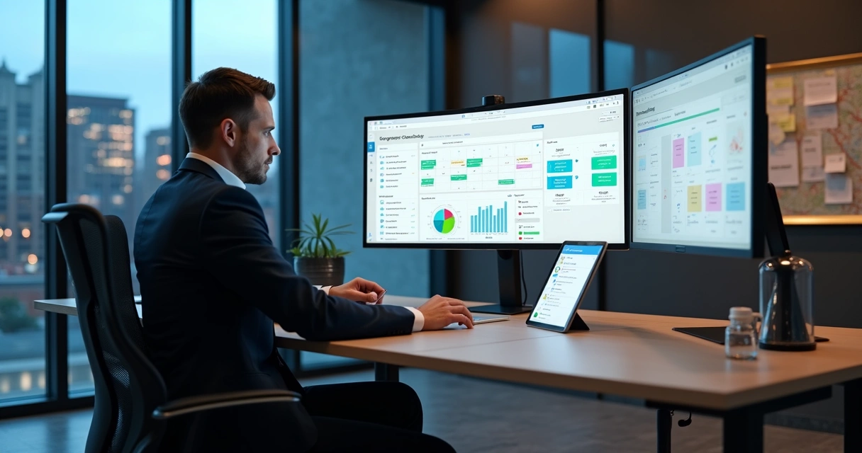 Vereador em gabinete moderno analisando software político em tela grande 