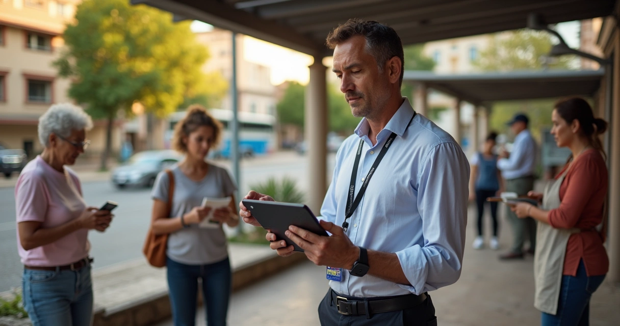 Vereador em praça pública registrando demandas da população em tablet 