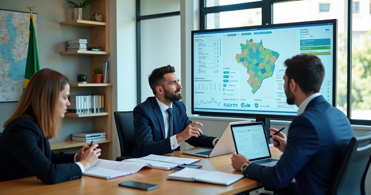 Vereador e equipe analisando base eleitoral em painel digital 