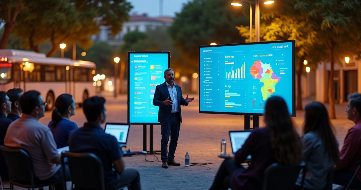 Vereador em reunião comunitária usando painel digital para organizar demandas do bairro 