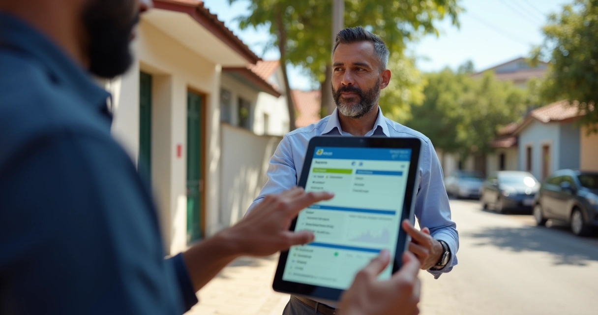 Vereador em visita na rua usando tablet com CRM para registrar demandas do cidadão 