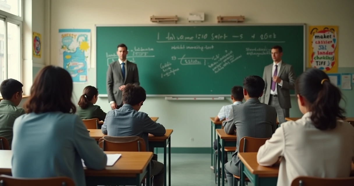 Alunos envergonhados em sala de aula observados por adultos ao fundo 